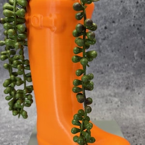 May include: An orange, decorative boot-shaped planter filled with green, cascading string-of-pearls plants. The planter is made of a smooth material and has a classic boot design. The plant adds a natural element to the decor.