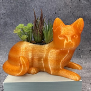 May include: A bright orange, cat-shaped planter with a glossy, textured finish. The feline figure is depicted in a resting position with its tail curled. A small opening on the back contains three green succulent plants with pointed leaves.
