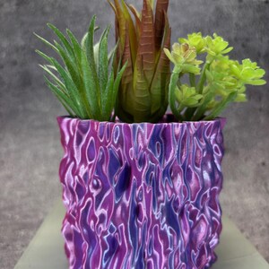 Op de afbeelding: Een getextureerde keramische pot in paars en blauw met drie groene vetplanten.