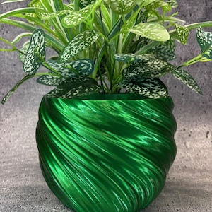 May include: A vibrant green, spiral-textured planter pot holding a lush green and white plant. The pot's design features a swirling pattern, and the plant has speckled leaves. The overall aesthetic is modern and decorative.