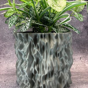 Könnte beinhalten: Ein grauer, strukturierter Blumentopf mit einem einzigartigen, wellenförmigen Design. Der Topf enthält eine lebendige grüne Pflanze mit weiß gesprenkelten Blättern. Der Blumentopf ist ein dekorativer Artikel für die Wohn- oder Bürodekoration.