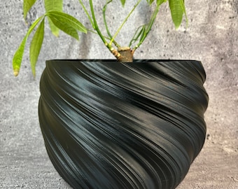 Très grand pot de fleurs torsadé pour plantes de toutes sortes (couleur noire) - 10" de diamètre sur 7,75" de haut