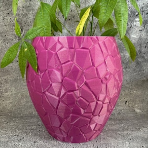 May include: A pink planter with a geometric, textured design. The planter is made of plastic and has a wide, round base.