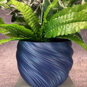 May include: A blue, swirl-patterned ceramic planter with a green leafy plant inside.