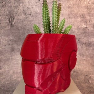 Puede incluir: Una maceta roja impresa en 3D con forma de cabeza de Iron Man, con una pequeña planta suculenta creciendo en su interior.