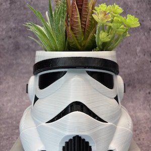 May include: A white plastic planter shaped like a Star Wars Stormtrooper helmet, with a black visor and a black mouthpiece. The planter is filled with a variety of green and red succulents.