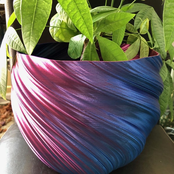 Extra Large Twisted Flower Pot for Plants of all kinds (Iridescent Blue Raspberry color) - 10" Diameter by 7.75" Tall
