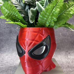 May include: A red and black planter shaped like a superhero mask with a textured web pattern across the surface. The mask features large, almond-shaped white eyes outlined in black. Green leafy foliage is planted inside the top opening.