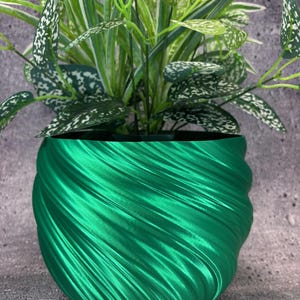 May include: A vibrant green plant pot with a swirling, textured design. The pot holds a lush green plant with speckled leaves. The pot's glossy finish contrasts with the plant's natural texture, creating a visually appealing display.