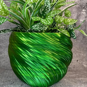 Peut inclure: Un pot de fleurs vert vif, tourbillonnant, rempli de plantes vertes luxuriantes. Le pot a une finition texturée et brillante. Les plantes présentent des feuilles tachetées et rayées, créant un contraste saisissant avec le design du pot. Un article de décoration.