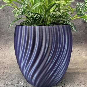 May include: A dark blue, textured, decorative plant pot with a swirling design. The pot is filled with a green plant with white-speckled leaves. The pot is sitting on a gray surface.