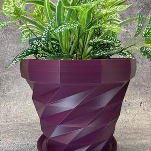 Puede incluir: Una maceta geométrica morada con una planta verde frondosa en su interior. La maceta tiene un patrón texturizado en forma de diamante.