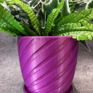 May include: A purple, spiral-shaped planter with a matching saucer. The planter is made of a smooth, glossy material and has a modern design.