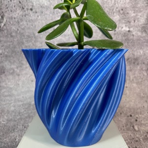 May include: A blue, 3D printed planter with a swirling design, holding a small green succulent plant.
