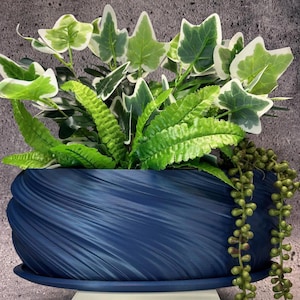 May include: A blue ceramic planter with a swirling design, featuring a variety of green plants, including ferns and ivy.
