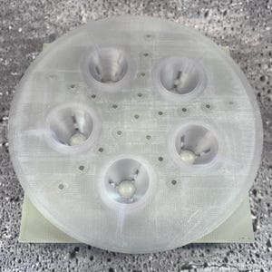 May include: A translucent, circular object with five conical openings. The object has a grid-like pattern and is mounted on a square base. Small, evenly spaced holes dot the surface. The overall design suggests a functional, possibly scientific, product.