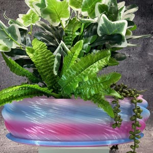 Op de afbeelding: Een decoratieve plantenbak met een wervelend ontwerp in roze en blauwe tinten, gevuld met een verscheidenheid aan groene planten. De planten omvatten varens, klimop en hangende vetplanten, waardoor een levendige weergave ontstaat.