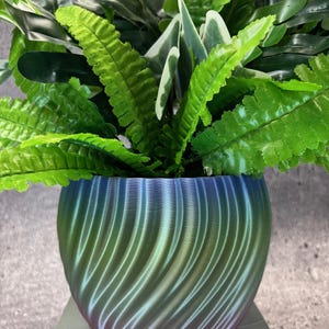 May include: A vibrant, multi-colored plant pot with a swirling design, filled with lush green and white foliage. The pot transitions from purple to blue and green, creating a dynamic visual effect. The plant pot is a decorative item for home decor.