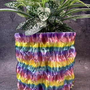 Pode incluir: Um vaso de plantas cilíndrico com uma superfície ondulada e texturizada, apresentando um gradiente horizontal de cores do arco-íris, incluindo roxo, rosa, amarelo e azul. Uma planta de interior variegada verde e branca está no vaso.