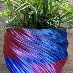 Op de afbeelding: Een pot met een swirl-patroon en een iriserende afwerking in blauw en roze. De pot is gevuld met een groene plant met witte vlekken op de bladeren.