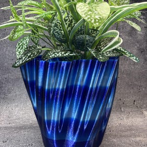 May include: A vibrant blue plant pot with a distinct vertical ribbed texture and a glossy finish. The pot contains a lush green plant with variegated leaves featuring white patterns, creating a contrast between the foliage and the deep blue container.