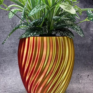 May include: A decorative plant pot with a swirling design in shades of red, orange, and gold. The pot holds a green plant with white speckled leaves. The pot is sitting on a white surface.