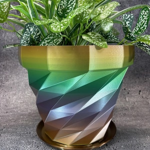May include: A geometric planter with a gradient of colors from gold to green to purple. The planter has a matching gold saucer. A green plant with white speckles is in the planter.
