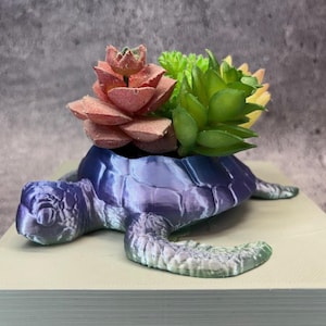 Könnte beinhalten: Ein blau-violetter, schildkrötenförmiger Pflanztopf mit bunten Kunst-Sukkulenten. Der Topf steht auf einer hellen Oberfläche, die das detaillierte Design der Schildkröte hervorhebt. Die Sukkulenten sind rot, grün und gelb.