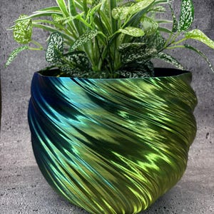 May include: A vibrant, iridescent green and blue planter with a spiral design, holding a lush green plant with white-speckled leaves. The planter's unique texture and color gradient create a modern, eye-catching aesthetic. Perfect for indoor decor.
