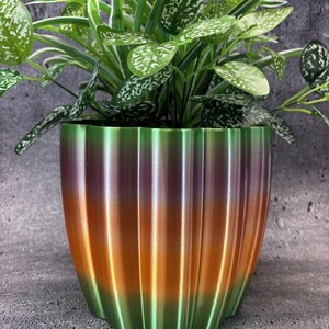 May include: A decorative plant pot with a gradient colour scheme of green, purple, and orange. The pot has a ribbed design and contains a green plant with white speckled leaves. The pot is sitting on a grey surface.