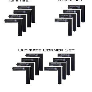 May include: Black L-shaped corner sets labelled 1.5mm and 3.0mm, and an Ultimate Corner Set. The sets are labelled with the Laserlok logo and the Colchitex brand name. The image is on a white background.