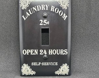 Laundry room light switch and outlet plates laser engraved. Multiple options