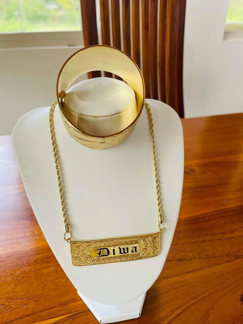 Big Bangle Set (30mm Oval Shaped Bangle and Nameplate Necklace) - Etsy