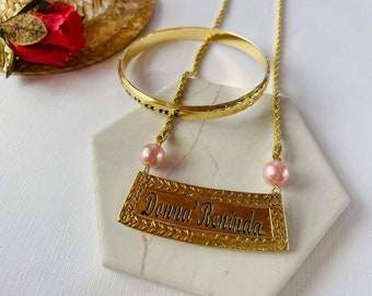 Maile Set ( Personalized Nameplate Necklace and 8mm Bangle Hawaiian/ Polynesian Design Jewelry