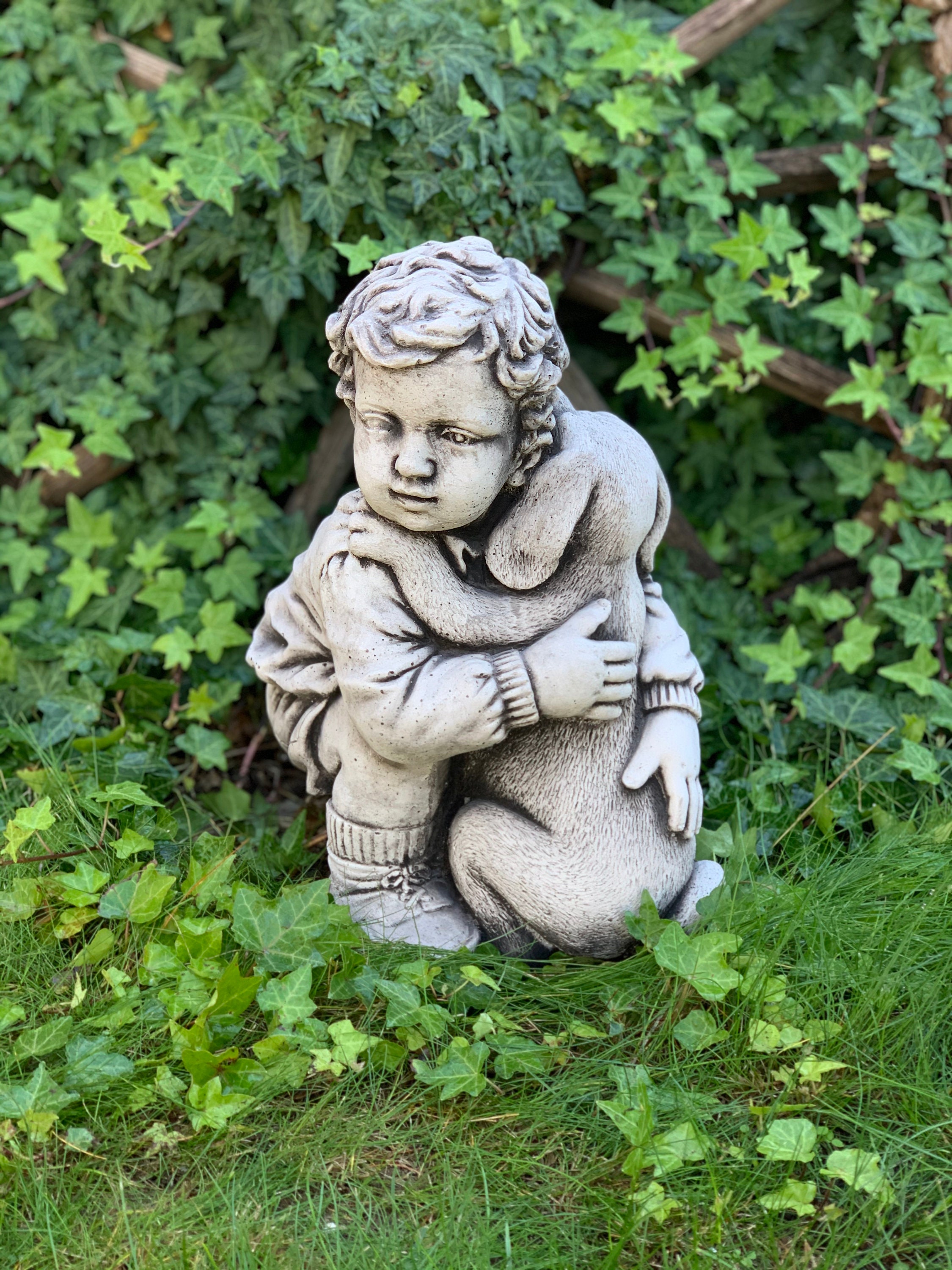 Garden Art With Cute Sculpture of Boy and Dog for Concrete Etsy
