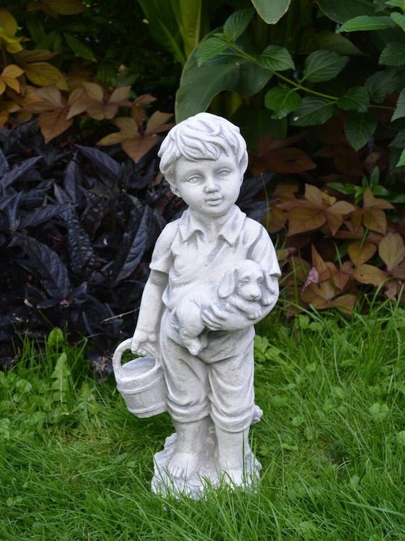 Boy book and Dog Garden statue Concrete children Stone Outdoor sculpture Boy figure Puppy