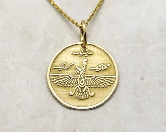 14K Gold Faravahar Necklace, Ahura Mazda Pendant, Zoroastrian Charm, Ancient Wing God Necklace, Persian Jewelry, Faravahar Mythology Gift,