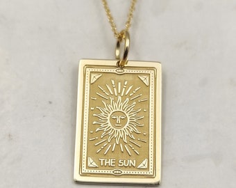 14K Gold Tarot Card Sun Necklace, Dainty Personalized Sun Tarot Card Charm, Gold Sun Jewelry For Women, Tarot Card Gift, Sunshine Necklace