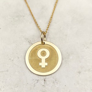 14K Real Gold Female Symbol Necklace, Feminist Pendant, Personalized Female Jewelry, Gold Coin Female Symbol Charm, Venus Symbol Necklace