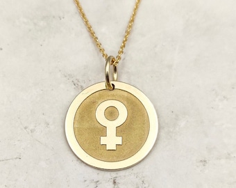 Naszyjnik z symbolem kobiety ze złota 14K, wisiorek feministyczny, spersonalizowana biżuteria kobieca, zawieszka z symbolem kobiety ze złota, naszyjnik z symbolem Wenus