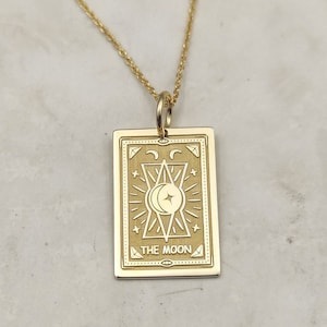 14K massief goud de maan tarotkaart ketting, gouden hemelse hanger, gepersonaliseerde de maan tarotkaart sieraden, gegraveerde tarotkaart hanger