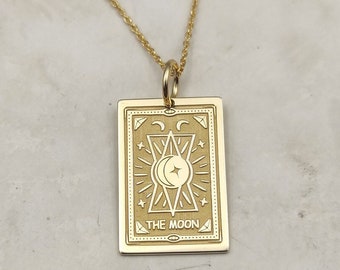 14K Solid Gold The Moon Tarot Card Necklace, Gold Celestial Pendant, Personalized The Moon Tarot Card Jewelry, Engraved Tarot Card Pendant