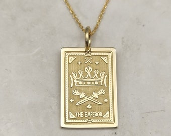 14K Gold Tarot Card Emperor Necklace, Real Gold Emperor Tarot Rectangle Pendant, Personalized Emperor Card Jewelry, Tarot Card Gift Pendant