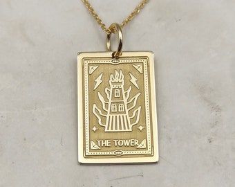 14K Gold Tarot Card Tower Necklace, Real Gold Tower Tarot Rectangle Pendant, Personalized Tower Card Jewelry, Tarot Card Gift Pendant