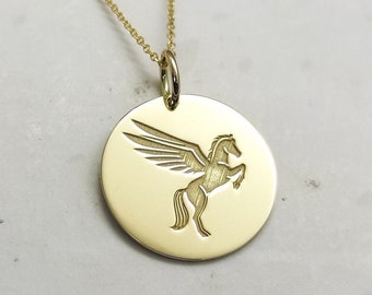 Gold Pegasus Pendant, 14K Solid Yellow Gold Necklace, Horse with Wings Charm, Flying Horse Necklace, Pegasus Necklace, Horse Lovers Gift