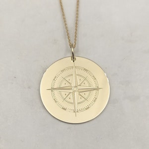 Compass Necklace, 14K Yellow Gold Pendant, Travel Necklace, Compass Pendant, Travel Jewelry, Gift For Her, Engraved Necklace, Compass Charm