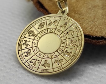 Zodiac Sign Pendant, 14K Solid Gold Necklace, Astrology Necklace, Gold Zodiac Charm, Chinese Zodiac Signs Necklace, Gold Coin Necklace
