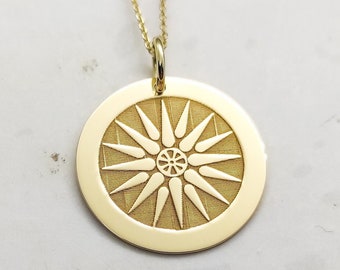 Vergina Sun Necklace, 14K Solid Gold Pendant, Star of Vergina Pendant, Gold Coin Necklace, Sun Pendant, Gold Disc Necklace, Greek Necklace