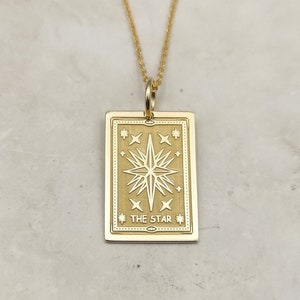 Collier étoile en or 14 carats, pendentif carte de tarot en or véritable, breloque étoile rectangle, bijoux délicats étoiles, cadeau carte de tarot en or 14 carats