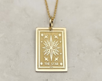 14K Gold Tarot Card Star Necklace, Real Gold Star Tarot Card Pendant, Rectangle Star Charm, Dainty Star Jewelry, 14K Gold Tarot Card Gift